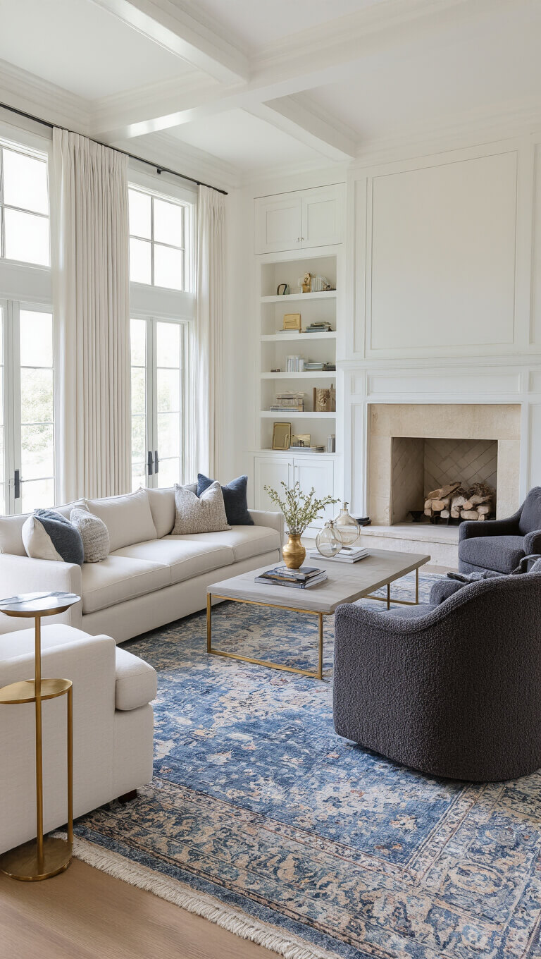 Serene family room with white built-ins, limestone fireplace, cream sofa, charcoal swivel chairs, and blue vintage rug.