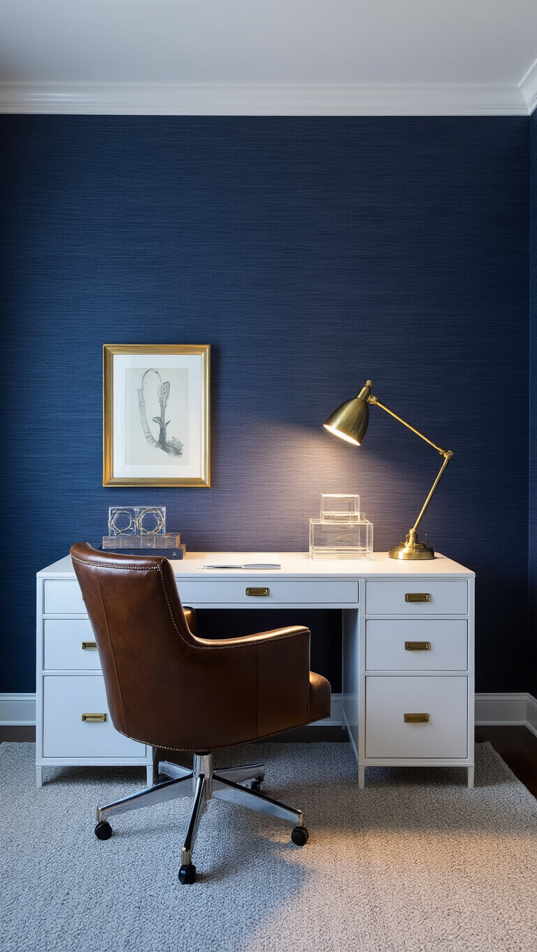 Luxe 10x12ft home office with navy grasscloth walls, white lacquer desk, leather chair, lucite accessories, and brass task lamp at blue hour.