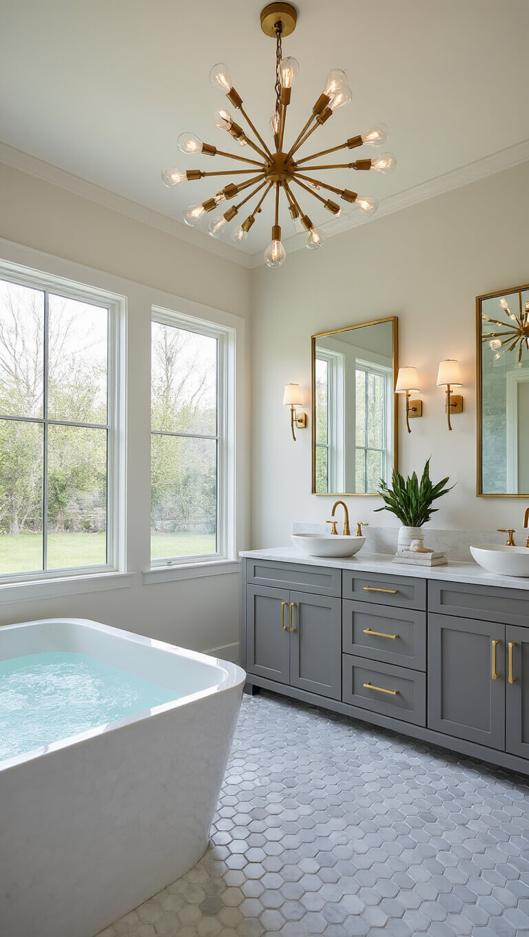 Calming master bathroom with marble hex floor, freestanding tub, dove gray vanity, brass accents, and morning light through privacy windows.