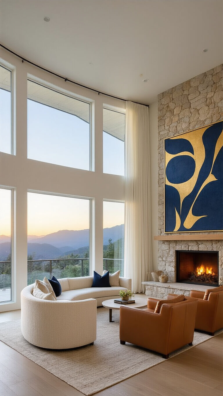 Elegant great room with sunset light, two-story windows, cream curved sofa, cognac leather chairs, and navy-gold abstract art above stone fireplace.