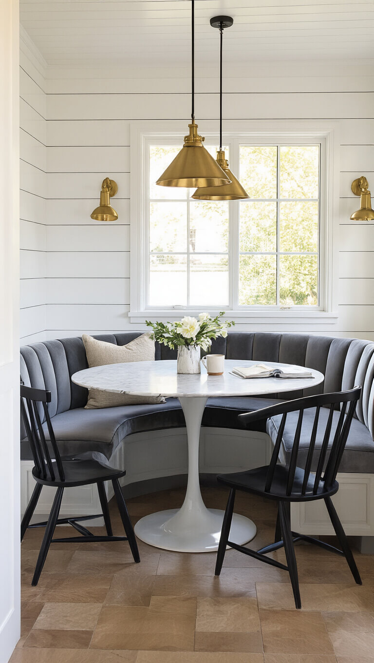 Cozy 12x15ft breakfast nook with gray velvet banquette, marble tulip table, black windsor chairs, brass pendant lights, and Swiss Coffee shiplap walls in morning golden hour.