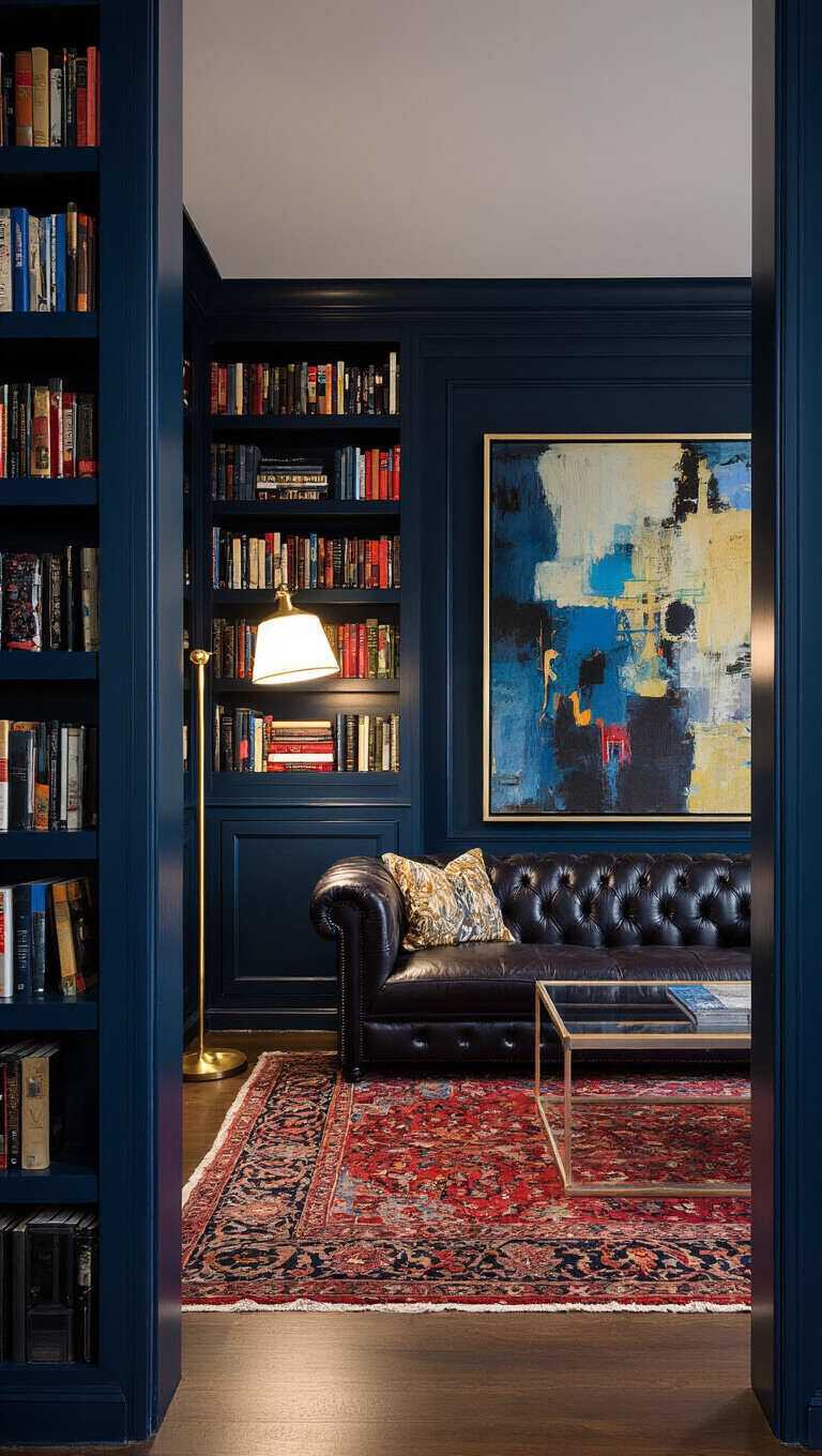 Moody twilight library with navy bookshelves, leather Chesterfield sofa, brass lamp, abstract art, Persian rug, and acrylic console.