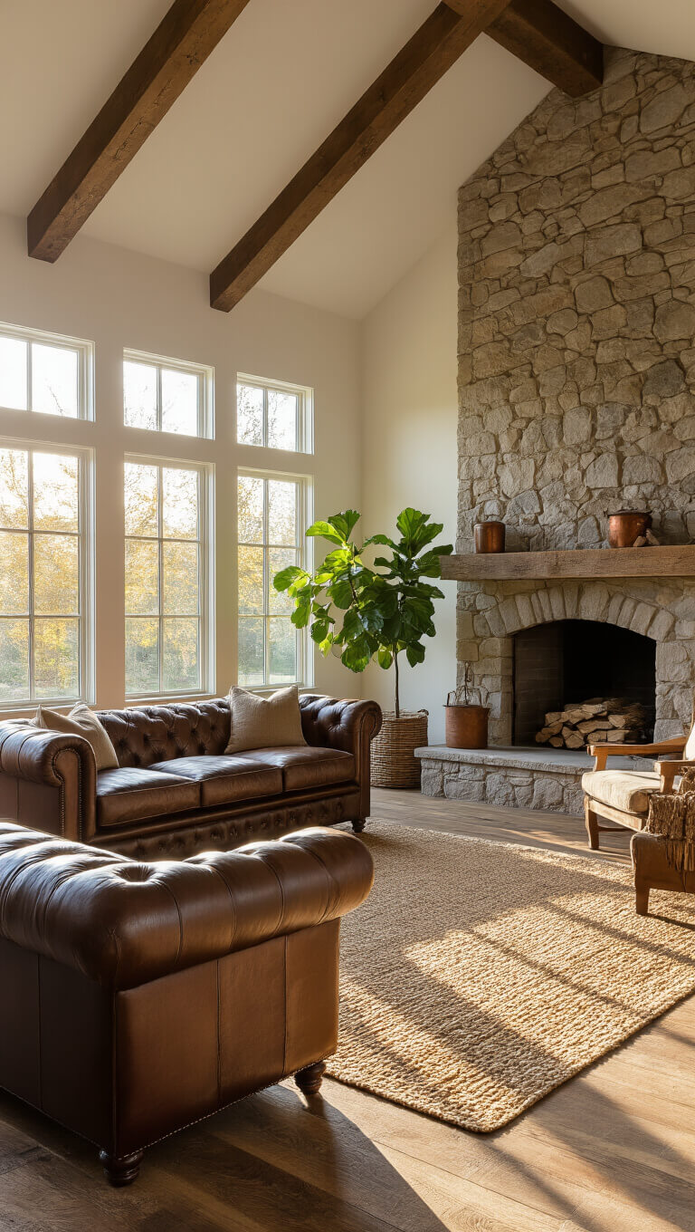 Golden hour sunlight fills a spacious 20x24ft living room with exposed cathedral beams, a leather Chesterfield sofa, oak armchairs, stone fireplace, layered rugs, and warm dust-lit air.