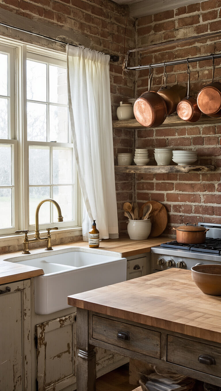 Rustic 12x14ft kitchen with farmhouse sink, copper cookware, open shelving, and butcher block island bathed in morning light.