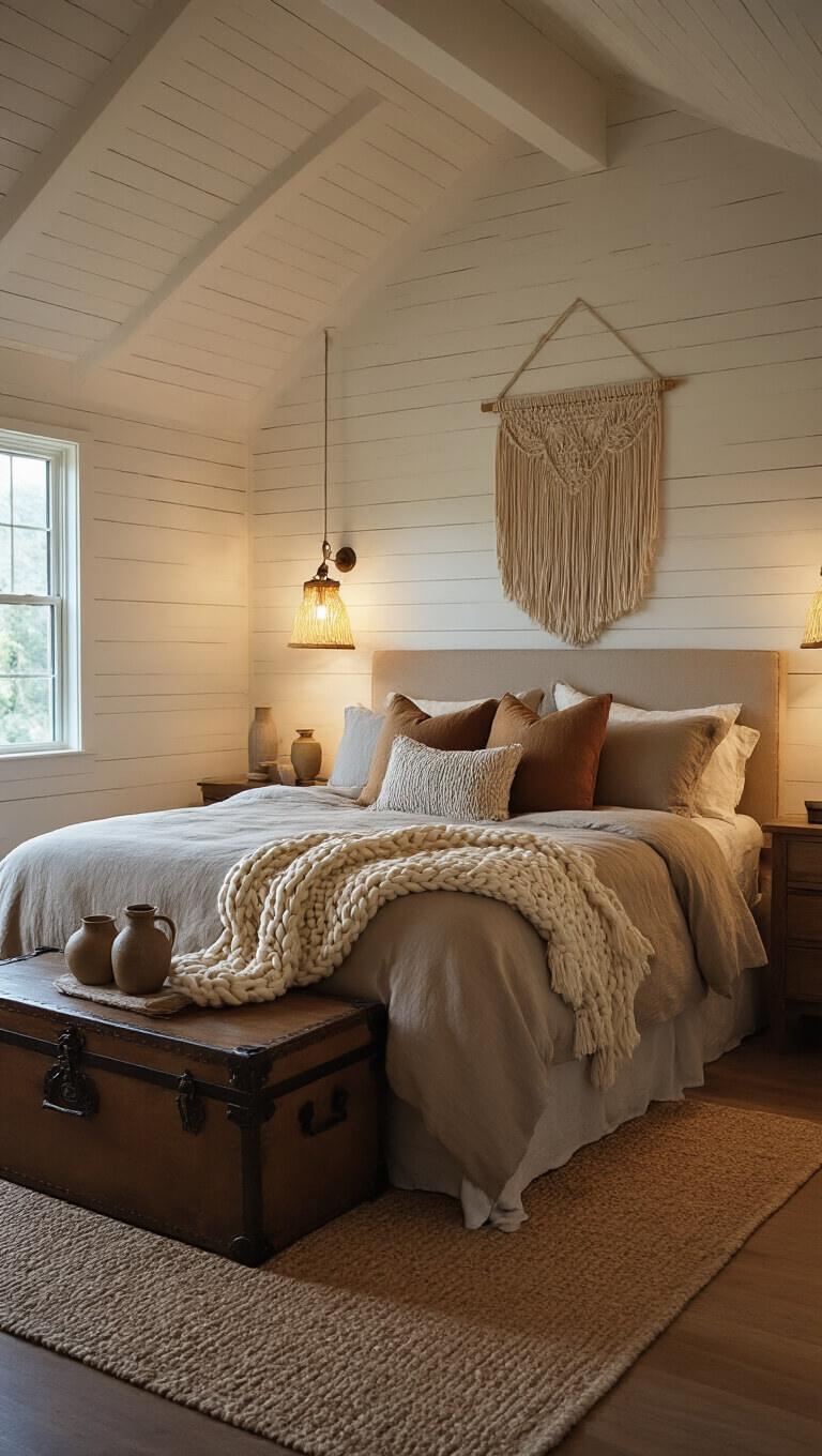Cozy 15x18ft master bedroom at dusk with vaulted ceiling, ambient sconce lighting, earth-toned king bed, vintage trunk nightstand, and macramé wall hanging.
