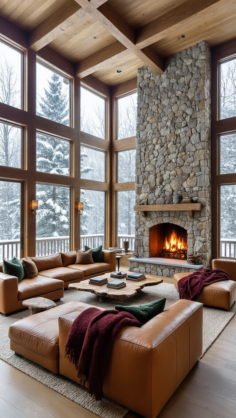 Great room of mountain cabin during snowfall, featuring floor-to-ceiling windows with snowy pine view, stone fireplace, caramel leather sectional, wool throws, and rustic wood coffee table.