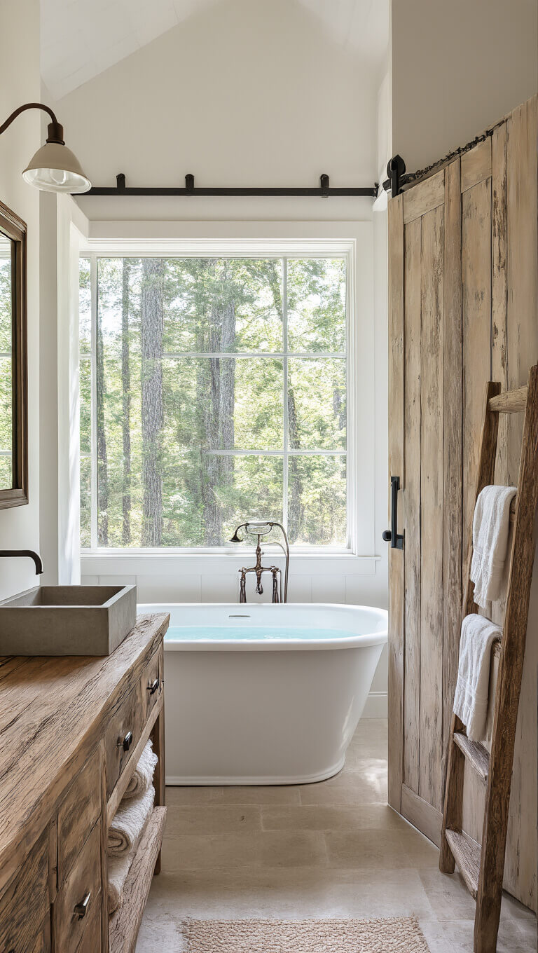 Rustic bathroom with clawfoot tub under forest-view window, sliding barn door, reclaimed wood vanity, concrete sink, copper-patina mirror, and Turkish towels on ladder shelf.