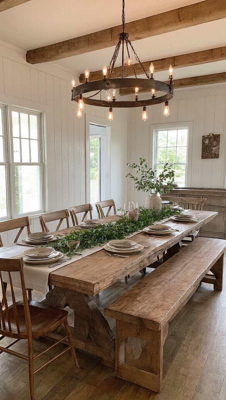 Rustic farmhouse dining table set for harvest dinner with mismatched chairs, warm Edison bulb lighting, and greenery centerpiece.