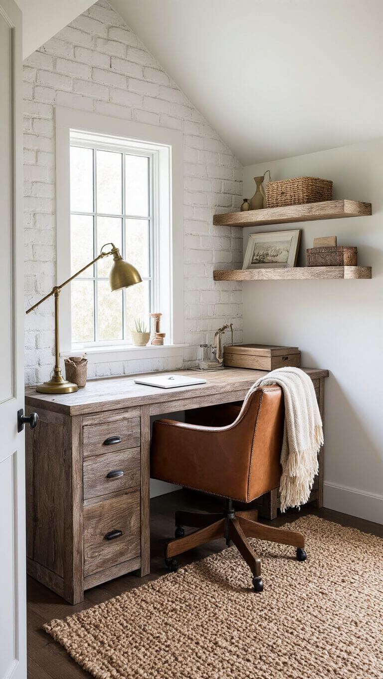 Rustic home office nook under stairs with wood desk, leather chair, brass lamp, and floating shelves against white brick wall, lit by afternoon sun.