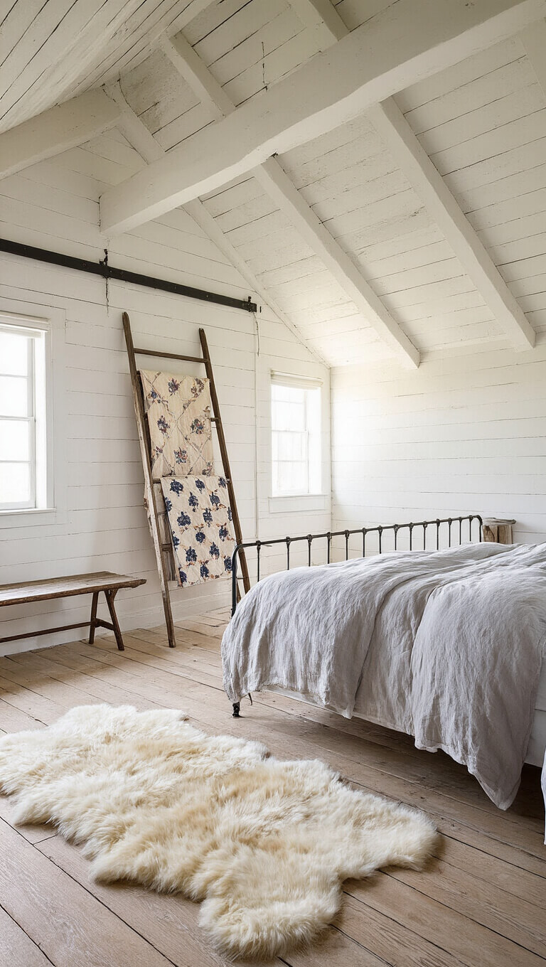 Sunlit converted barn loft bedroom with iron bed, whitewashed walls, layered sheepskin rugs, and vintage ladder displaying quilts.