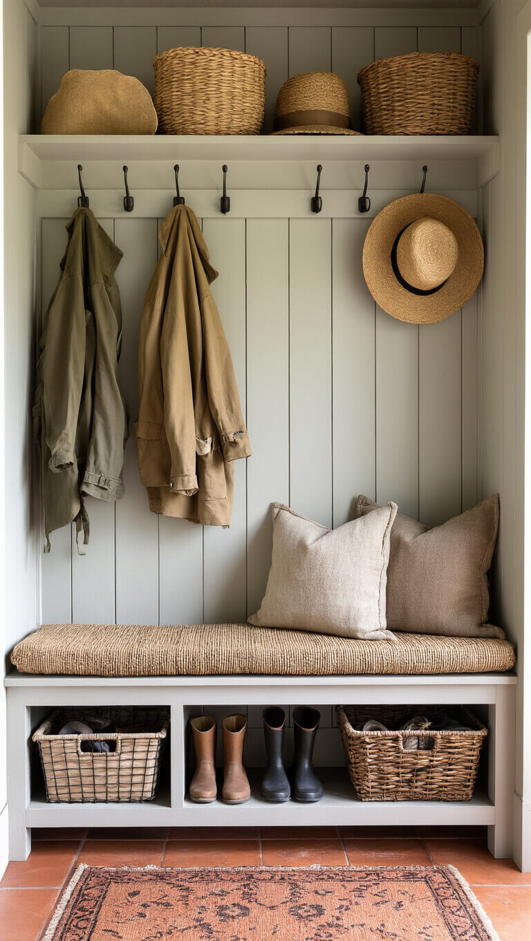 Rustic mudroom with bench, canvas coats, straw hats, terracotta tiles, and autumn rain outside.