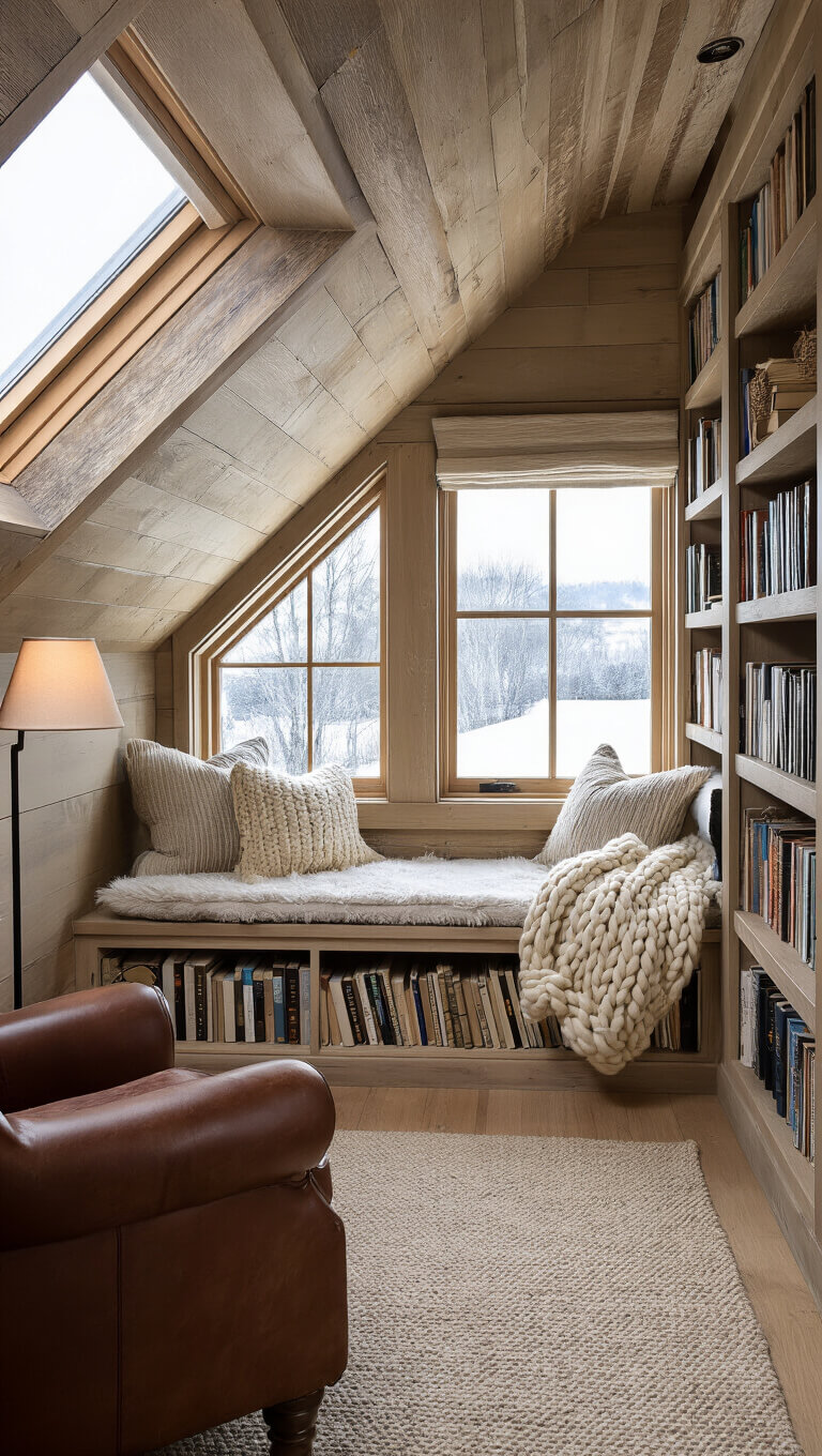 Cozy winter reading nook in attic with dormer window, knit cushions, snowy view, reclaimed pine bookshelves, leather armchair, and warm lighting.