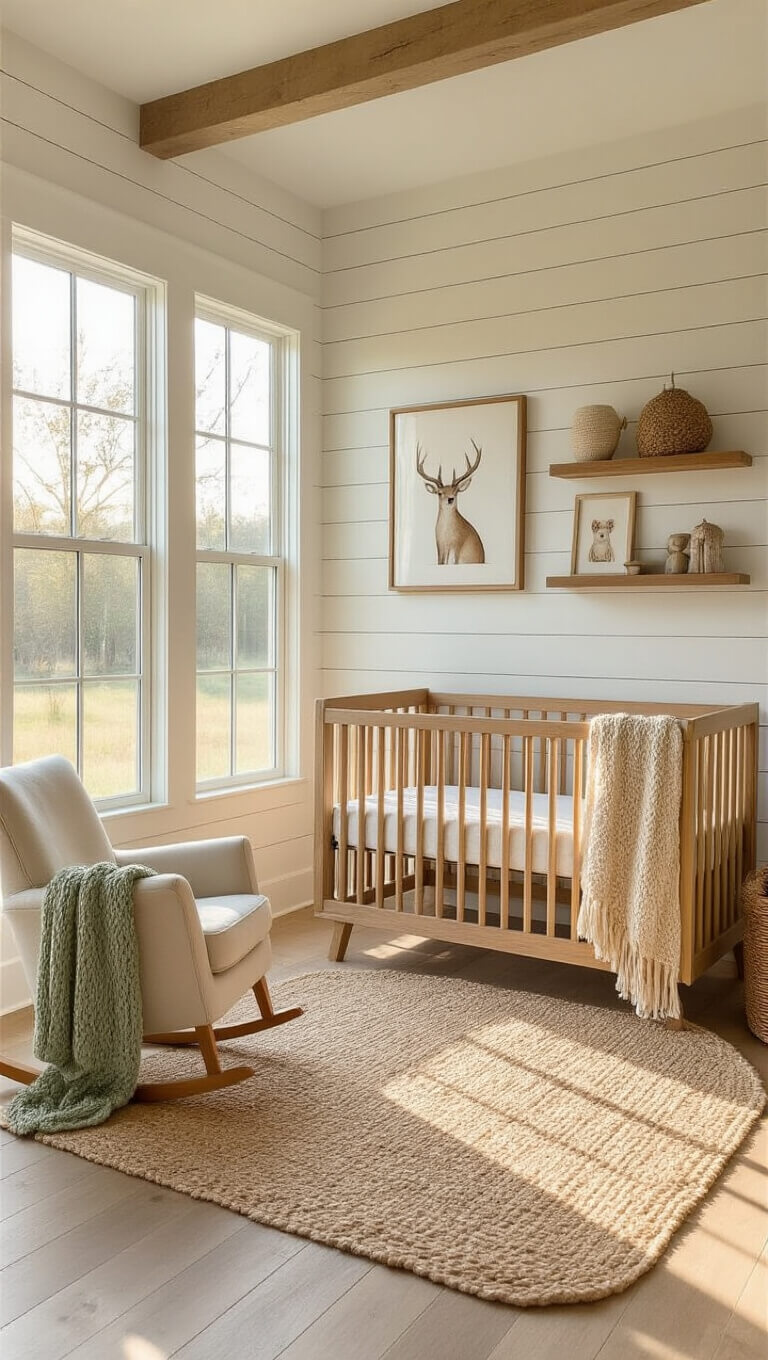 Barndominium nursery with shiplap accent wall, solid wood crib, jute rug, and rocking chair bathed in golden hour light through floor-to-ceiling windows.