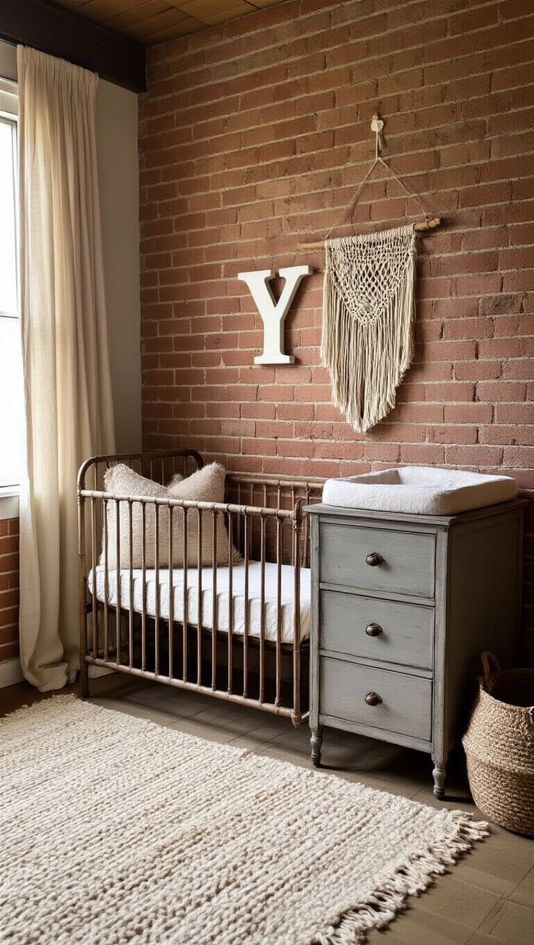 Rustic nursery corner with iron-and-wood crib, vintage gray dresser, ivory and blush wool rug, flax linen curtains, and macramé wall decor against raw brick walls.