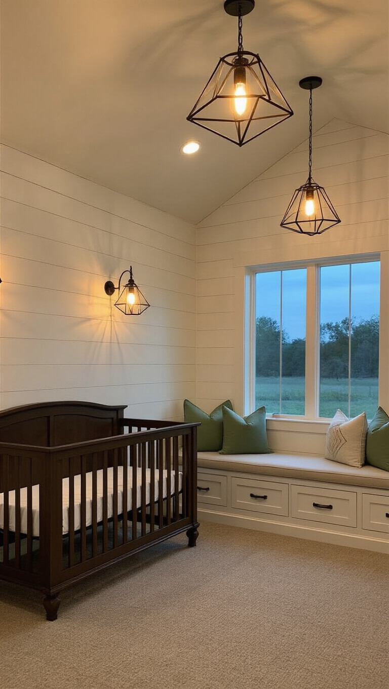 Barndominium nursery at dusk with warm LED sconces, dark walnut crib, built-in window seat with sage green pillows, and iron pendant lights casting shadows.