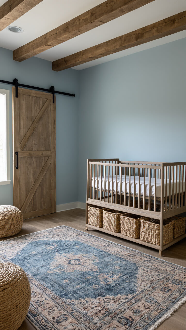 Nursery with weathered oak barn door, wooden beam ceiling, metal-and-wood crib, vintage Persian rug, and woven grass baskets in soft blue hour lighting.