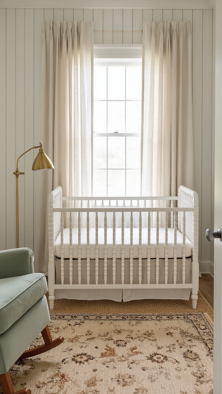 Airy 14x14ft nursery with white spindle crib, sage green rocker, brass floor lamp, layered rugs, and greige shiplap walls, lit by filtered morning light through sheer drapes.