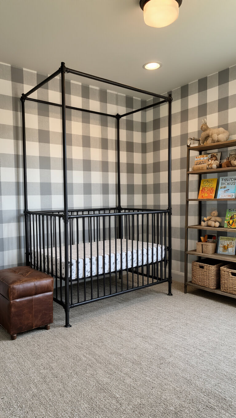Cozy 11x13ft nursery at sunset with amber lighting, black iron four-poster crib, gray and white buffalo check wallpaper, distressed leather ottoman, and industrial shelves with books and toys.