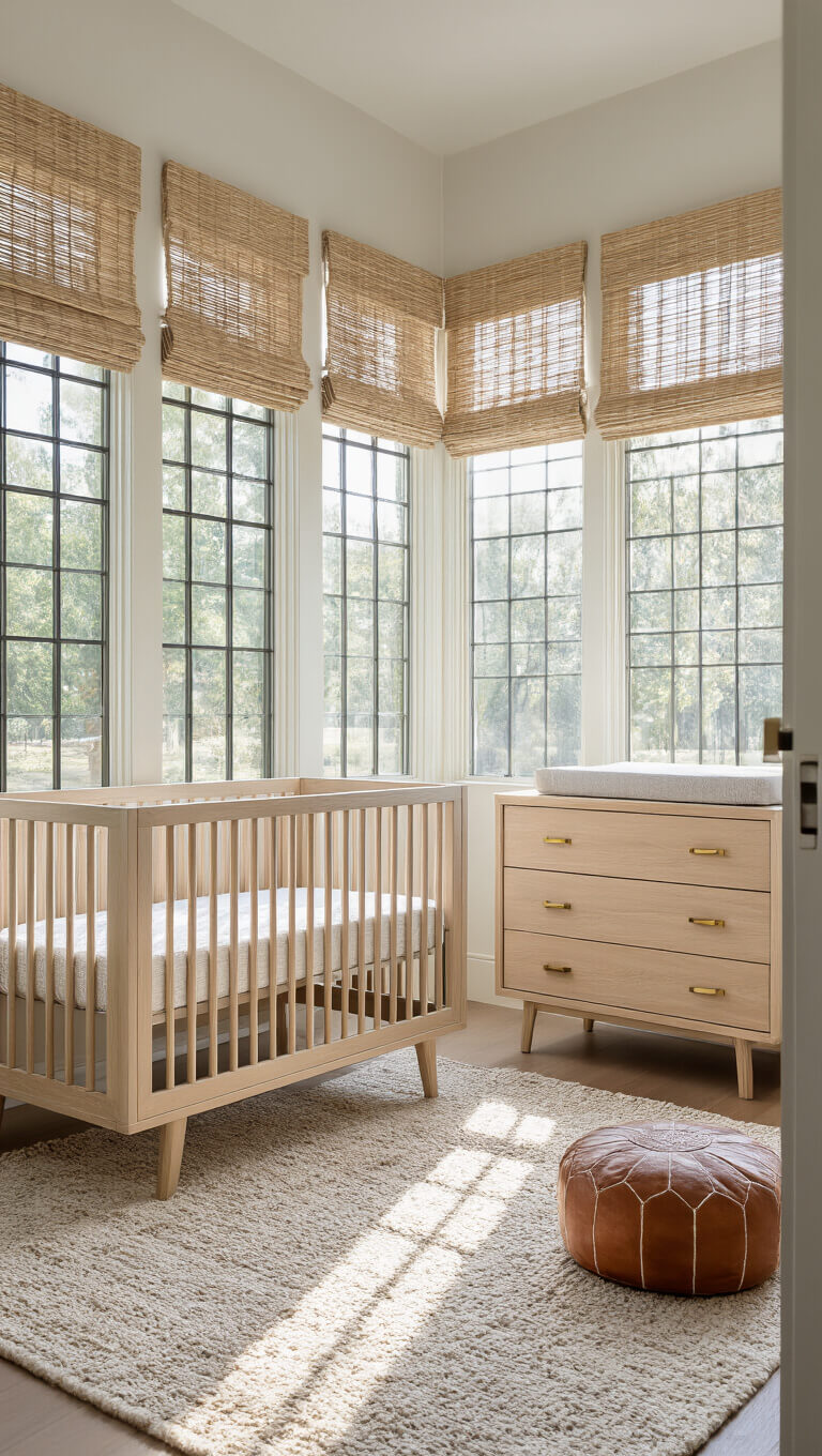 Modern nursery with bleached oak crib and dresser, brass accents, Moroccan rug, leather pouf, and woven shades lit by early morning light through gridded windows.