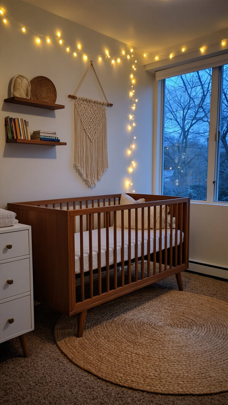 Cozy twilight-lit nursery with mid-century walnut crib, chalk white vintage dresser, macramé décor, floating bookshelves, and layered jute rug over seagrass carpet, softly blurred with dreamy bokeh.