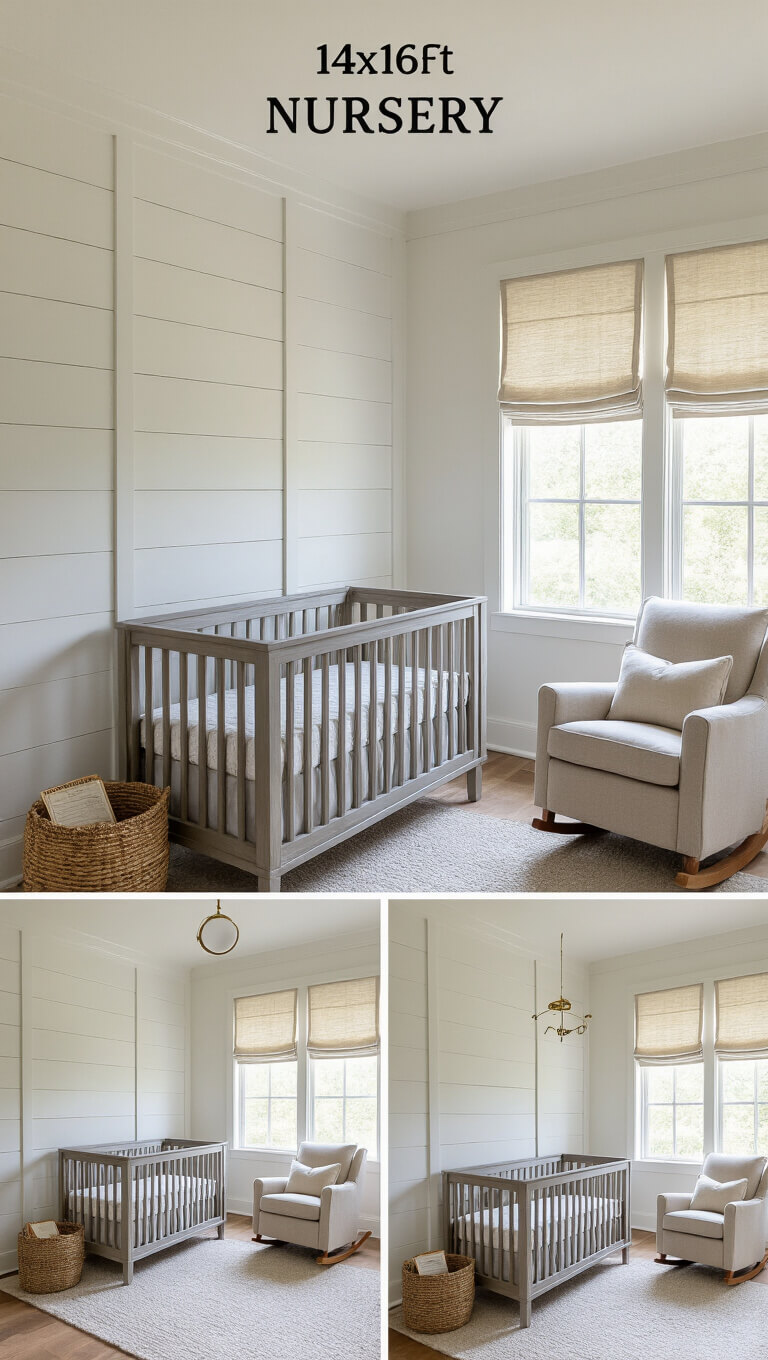 Bright nursery with driftwood gray crib, upholstered rocker, white board-and-batten walls, and vintage decor in soft midday light.