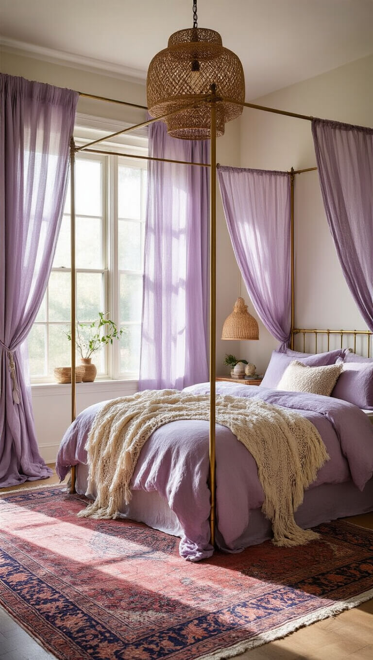 Sunlit bedroom with brass canopy bed, lilac linens, lavender curtains, vintage Persian rug, and rattan pendant lamp casting shadows.