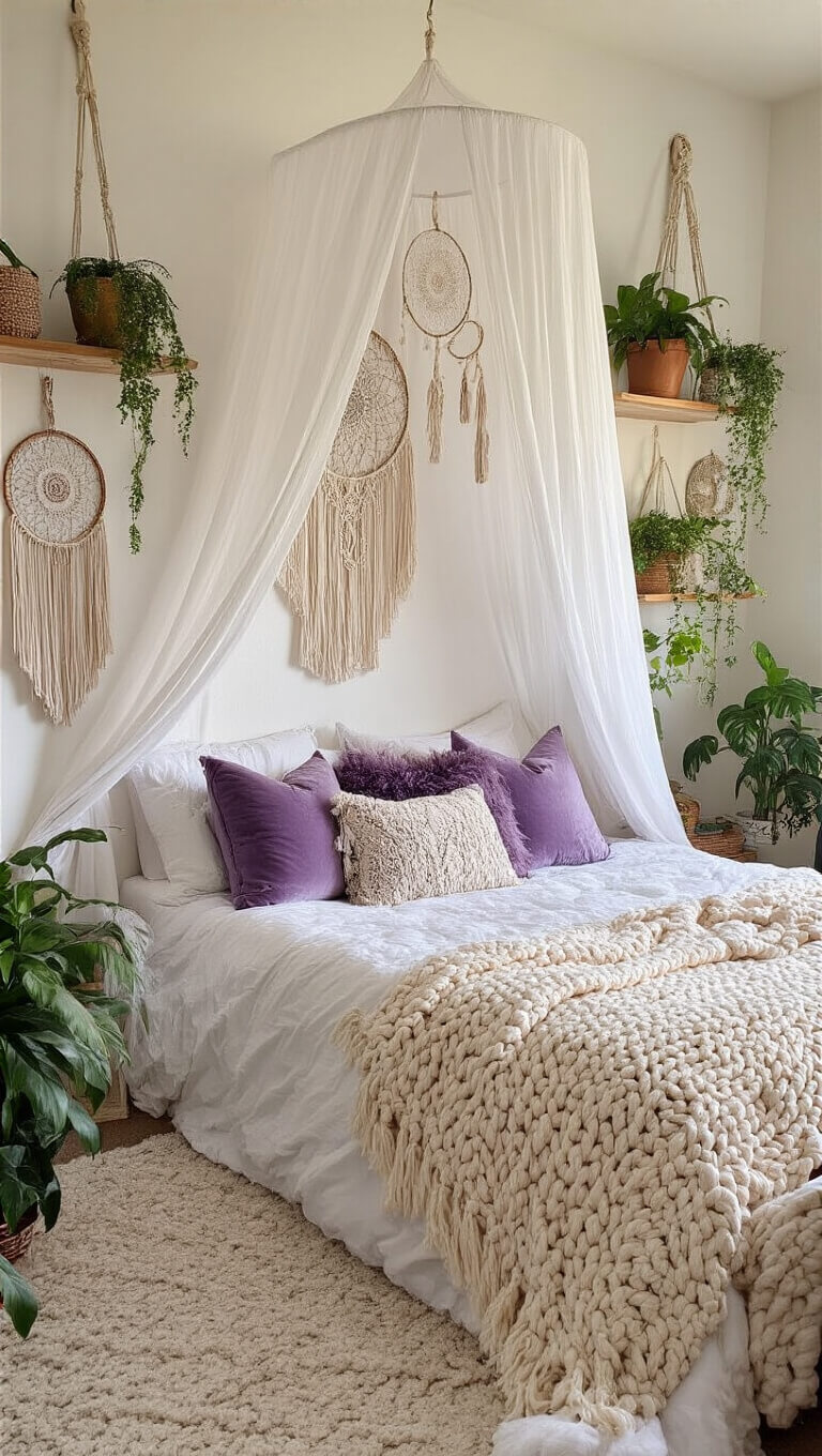 Boho-style 10x12ft bedroom at golden hour with canopy queen bed, lavender pillows, knit throws, macramé wall decor, and cascading potted plants.