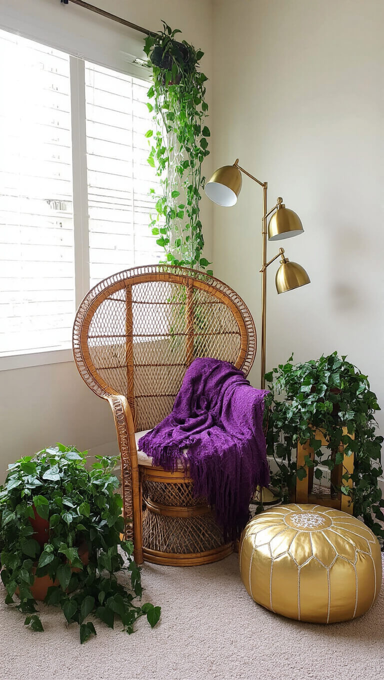 Cozy bedroom corner with vintage rattan peacock chair, purple throw, gold Moroccan pouf, brass floor lamps, and trailing ivy in afternoon light.