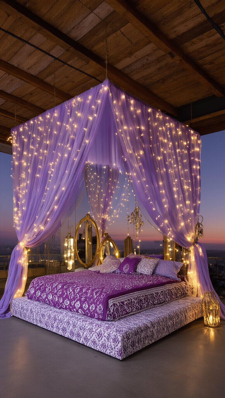 Twilight bedroom with exposed beams, sheer purple drapery lit by fairy lights, layered textiles on platform bed, and glowing brass mirrors and crystals.