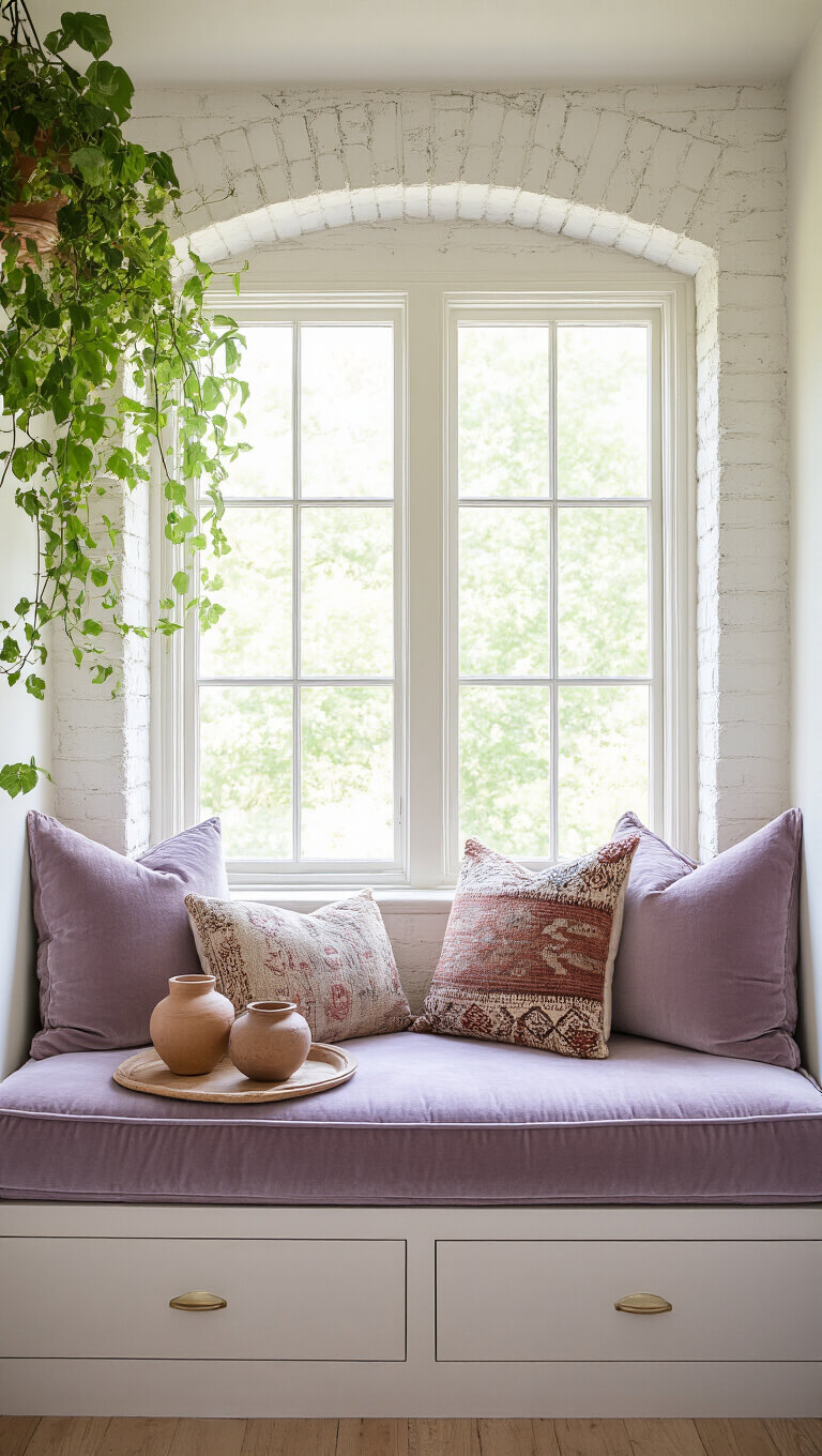 Window nook with dusty lavender cushion, vintage kilim pillows, hanging plants, and ceramic vessels against a white-washed brick wall.