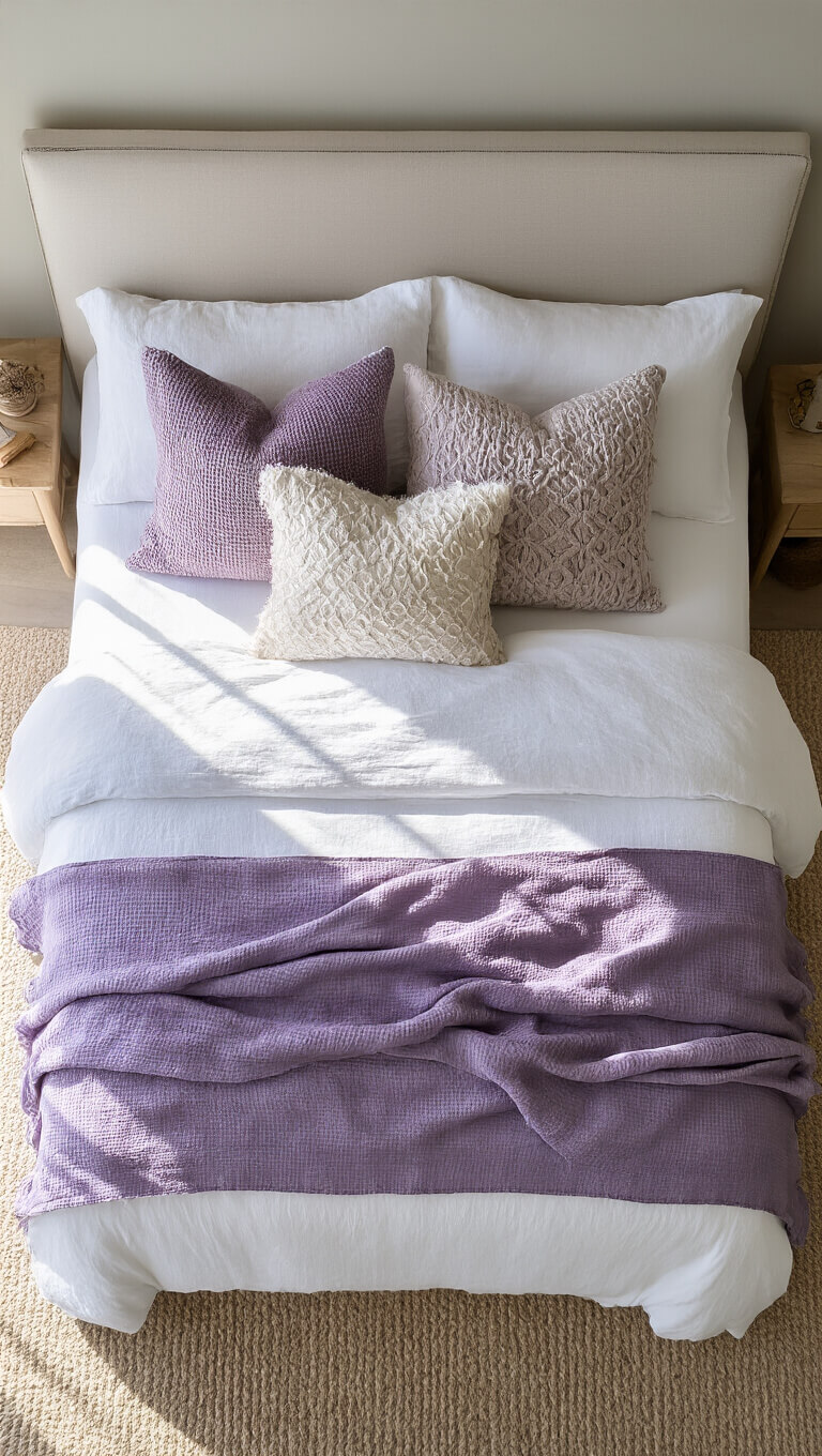 Overhead view of a queen bed layered with white linen, lavender blanket, purple throw, and textured pillows in gradient shades, lit by natural window light.
