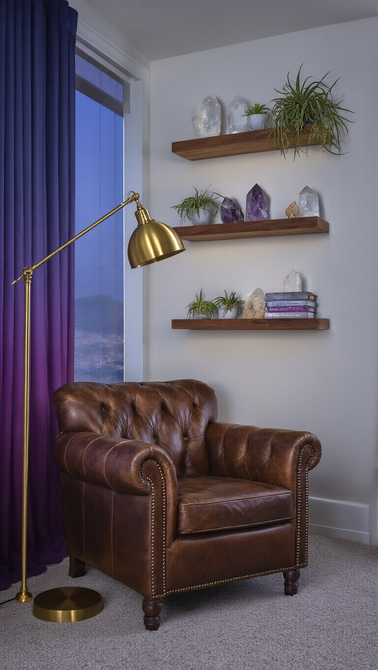 Dusk-lit reading corner with oversized leather armchair, brass floor lamp, floating shelves holding crystals and air plants, and purple ombré curtains filtering blue hour light.