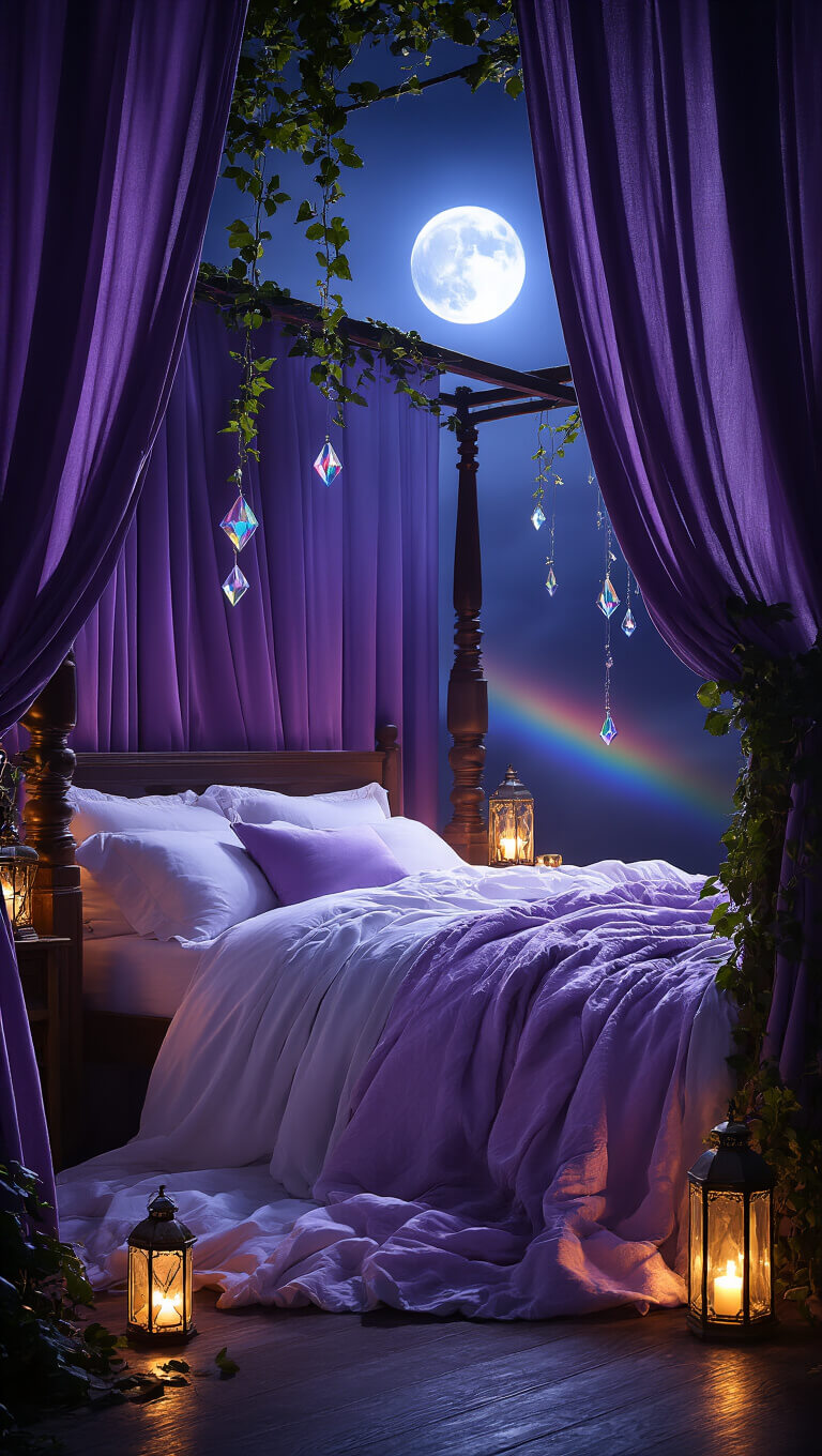 Moonlit bedroom with purple velvet curtains, white and lavender bedding on a four-poster bed, glowing lanterns, trailing ivy, and crystal prisms casting rainbow reflections.