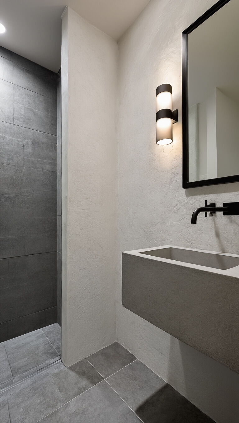 Corner bathroom with floating concrete sink, textured white plaster walls, gray porcelain tiles, glass shower partition, and moody evening lighting from cylindrical wall sconces.