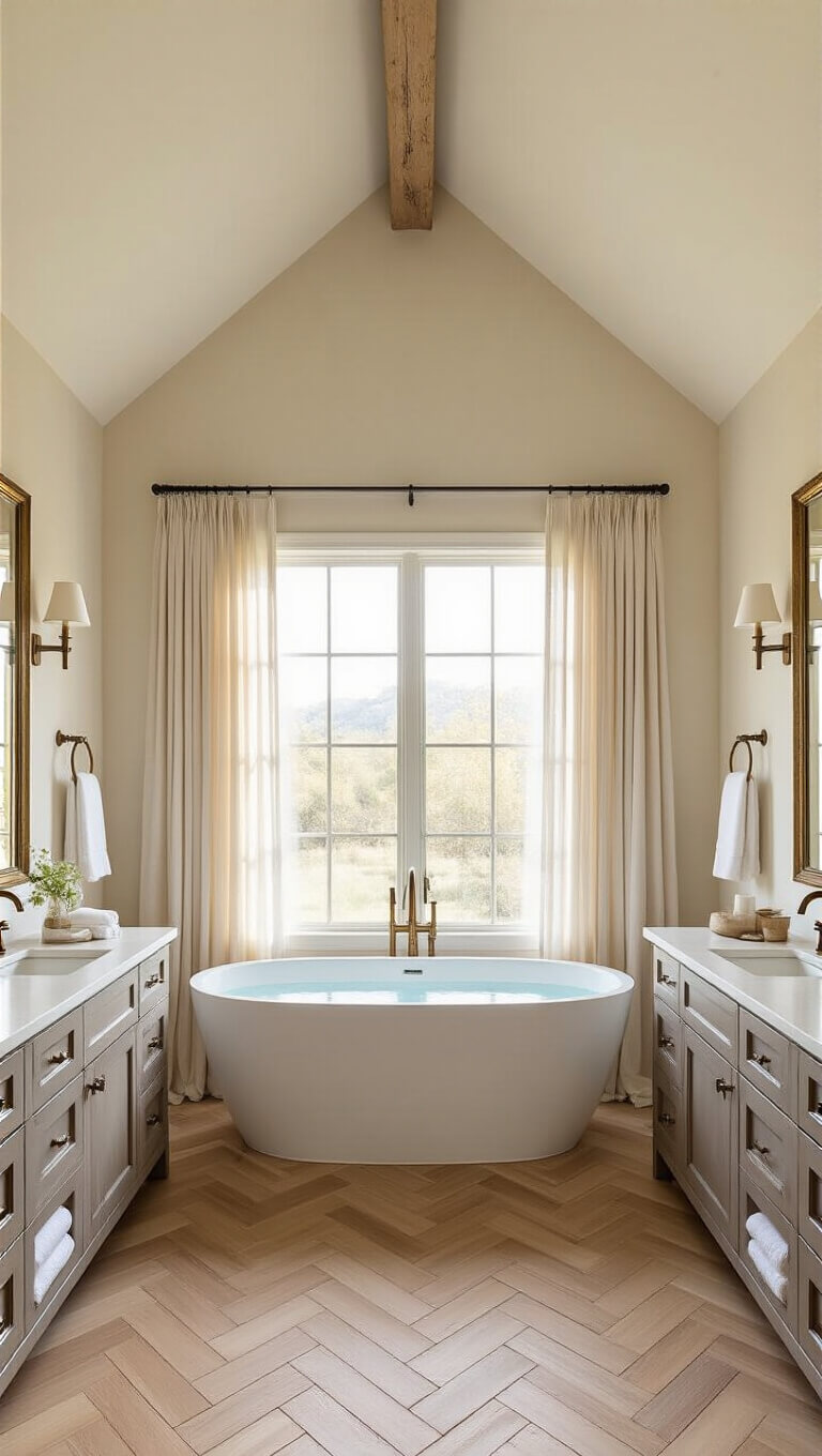 Luxurious master bathroom with vaulted ceiling, freestanding oval tub between tall windows, herringbone bleached oak flooring, twin dove gray floating vanities, and warm golden hour lighting.