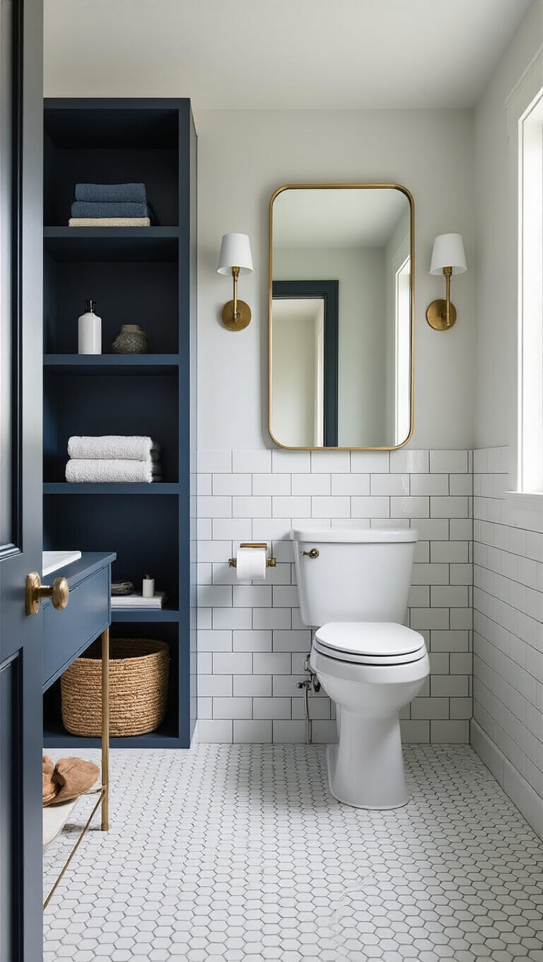Compact 5x7 urban bathroom with wall-mounted toilet, corner navy vanity, ceiling-high frameless mirror, white penny tile floor, brass open shelves, and woven storage basket.