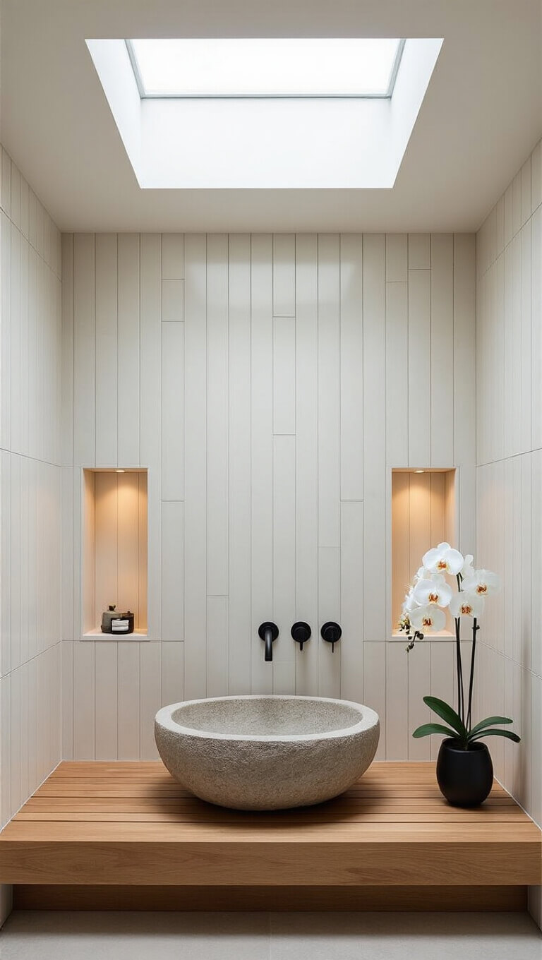 Zen-inspired 10x12 bathroom with skylight, teak platform, freestanding stone basin, bone white subway tiles, LED-lit niches, black fixtures, and single orchid in matte black vase.