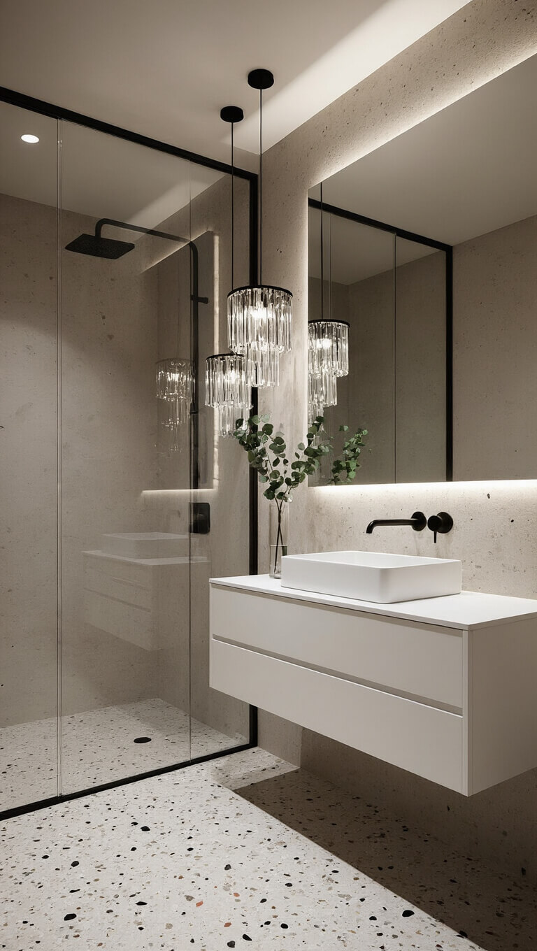 Contemporary 8x9 bathroom with crystal pendant lighting, floating white gloss vanity, terrazzo floor, mirror wall, and matte black accents.