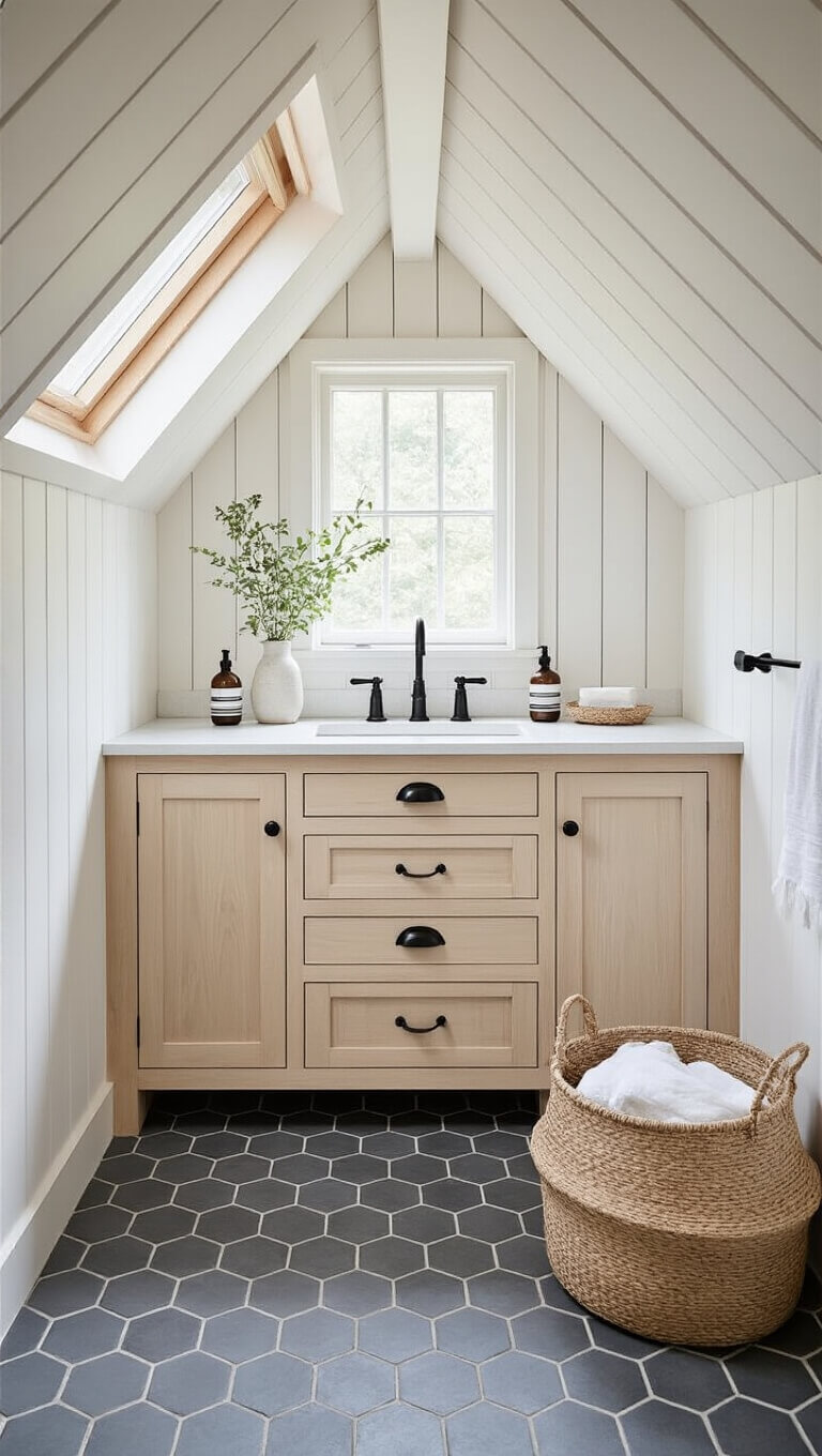 Scandinavian-style bathroom with pitched ceiling, dormer window, pine vanity, gray hex tile floor, and cozy hygge decor.