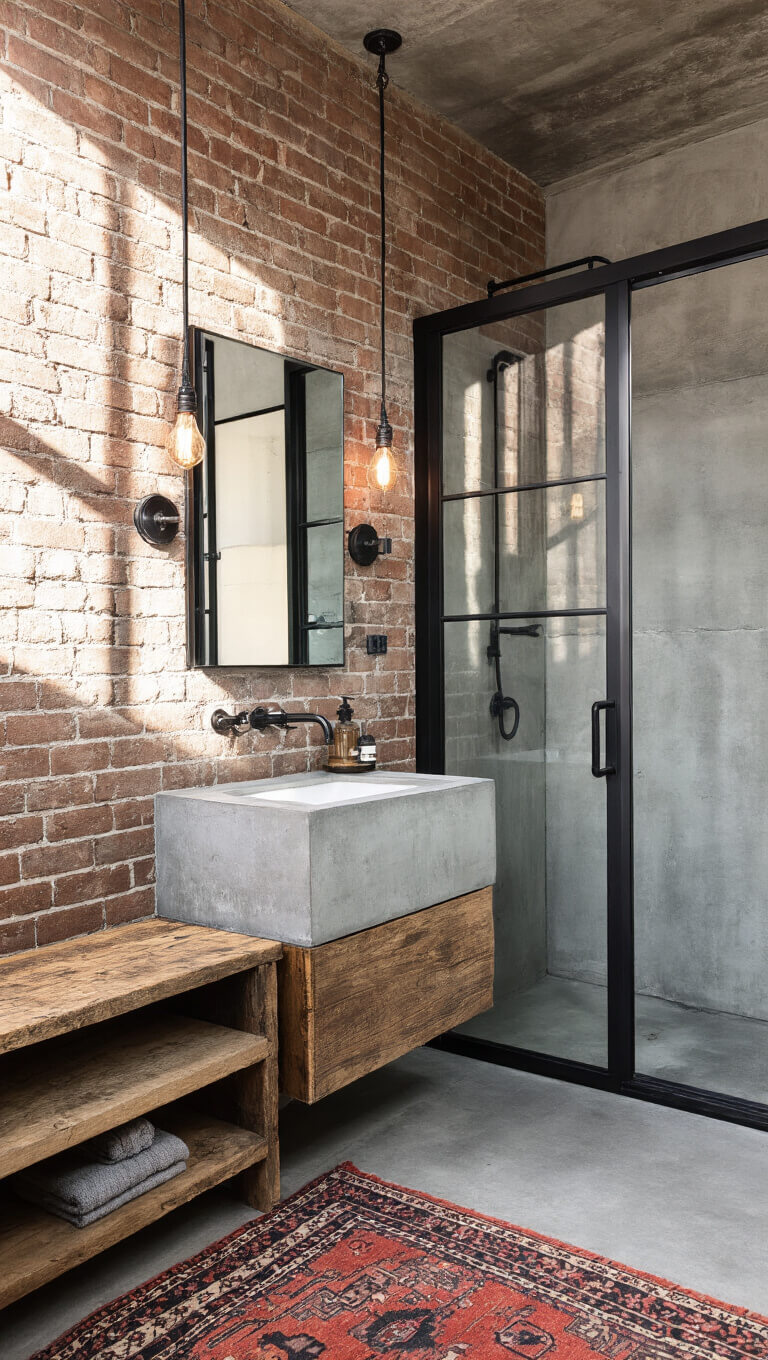 Industrial chic bathroom with exposed brick wall, concrete vanity, black steel shower frame, reclaimed wood shelves, Edison bulb sconces, and vintage Turkish rug in afternoon sunlight.