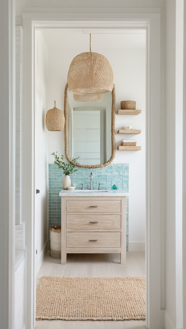 Minimalist coastal bathroom with whitewashed wood vanity, sea glass tile backsplash, rope mirror, floating white oak shelves, and natural fiber rug, bathed in natural light.