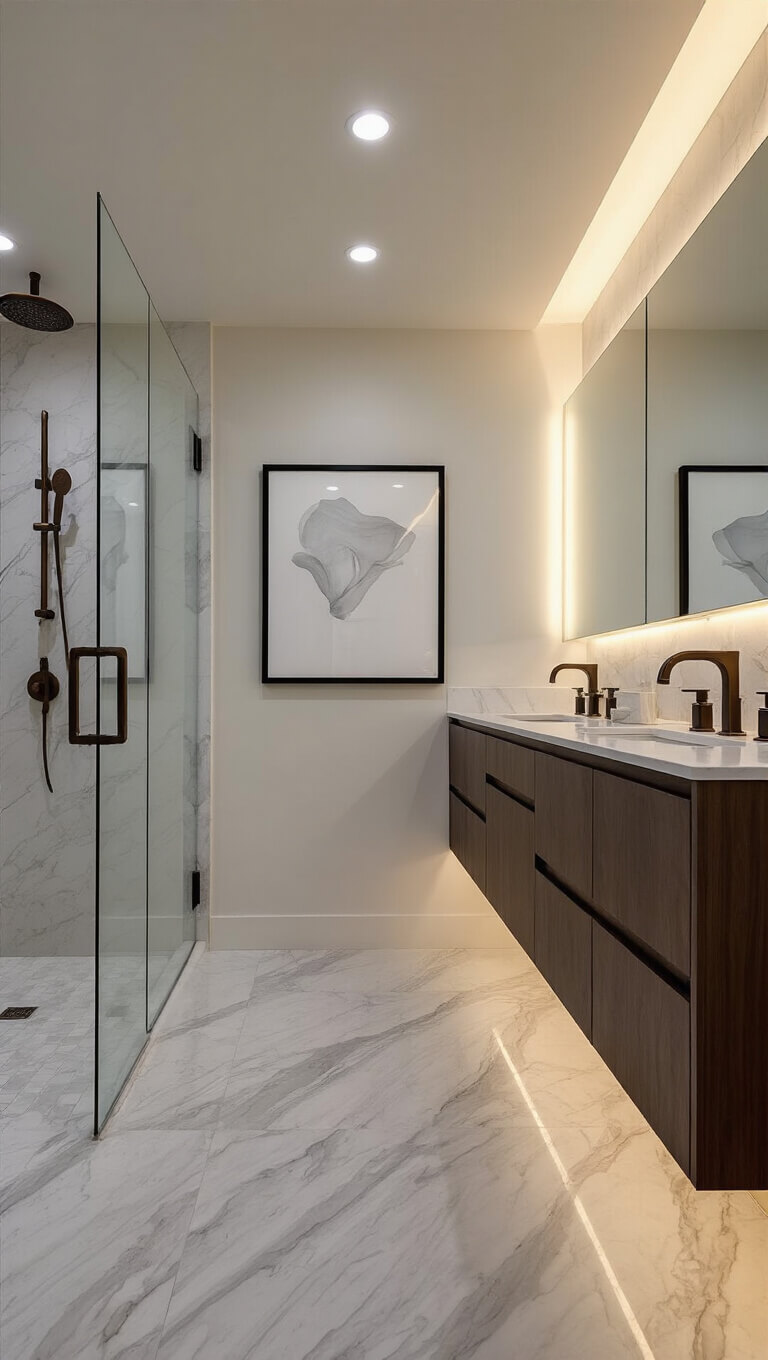 Modern spa bathroom with LED cove lighting, double dark walnut floating vanity, marble tiles, frameless glass shower, bronze fixtures, and minimalist artwork, viewed from master bedroom entrance.