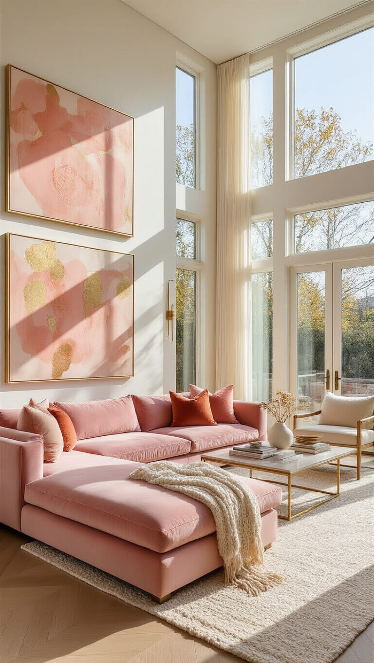 Contemporary sunlit living room with blush pink velvet sectional, brass chairs, cream and coral textiles, and floor-to-ceiling windows illuminating white oak herringbone floors and abstract coral artwork.