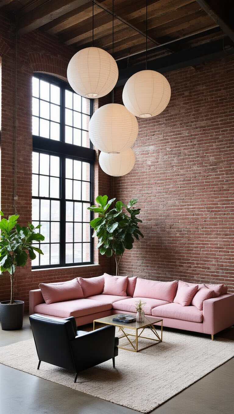 Modern loft-style living room with soft blush-painted exposed brick, pink sectional, black accent chairs, brass coffee table, and tall industrial windows under 15ft ceilings.