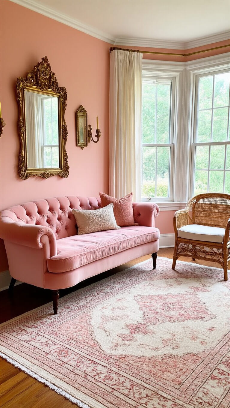 Romantic vintage living room with pink velvet loveseat, rattan chair, layered Persian rugs, and brass mirrors, lit by morning sun through sheer curtains.
