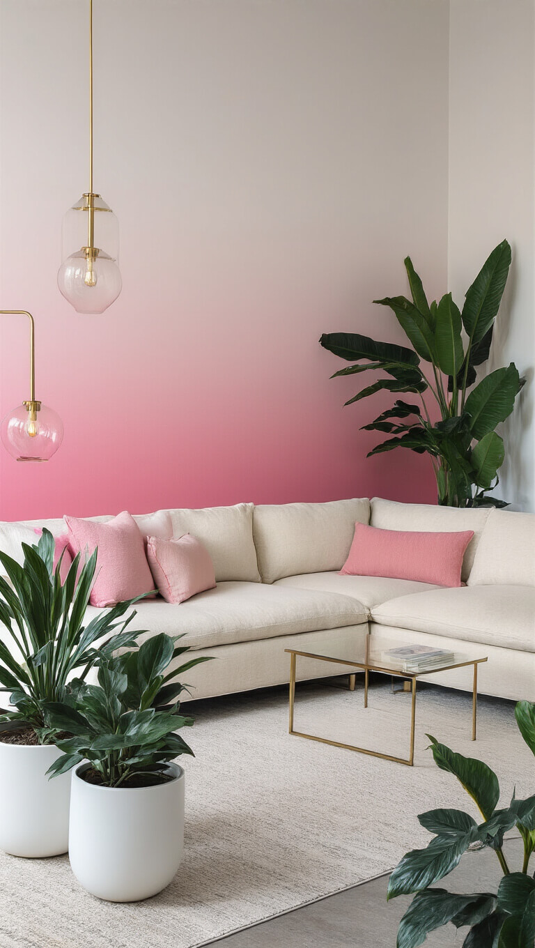 Modern luxe open-concept living room with pink-to-white ombre feature wall, cream modular sofa, pink pillows, brass and glass lighting, and tropical plants in white planters, shot at blue hour.