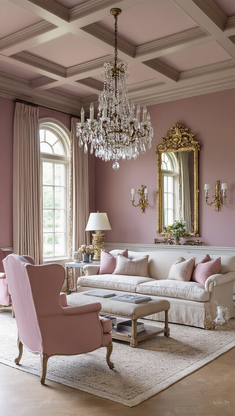 Elegant traditional living room with mauve-pink walls, ivory English roll arm sofa, blush wingback chairs, crystal chandelier, antique mirrors, and silk drapery, viewed from doorway in soft late morning light.
