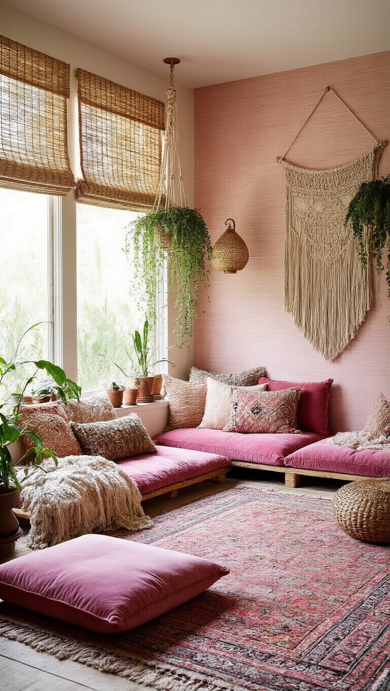 Eclectic Bohemian living space with pink grasscloth walls, macramé art, velvet floor cushions, Moroccan rugs, brass accents, and hanging plants in filtered bamboo light.