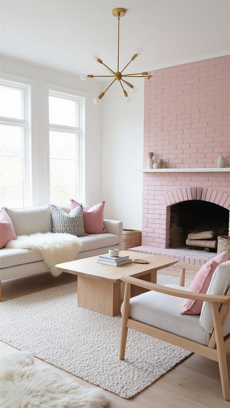 Scandinavian-style living room with pale pink brick fireplace, light wood furniture, white walls, and geometric pink and grey accents in bright morning light.