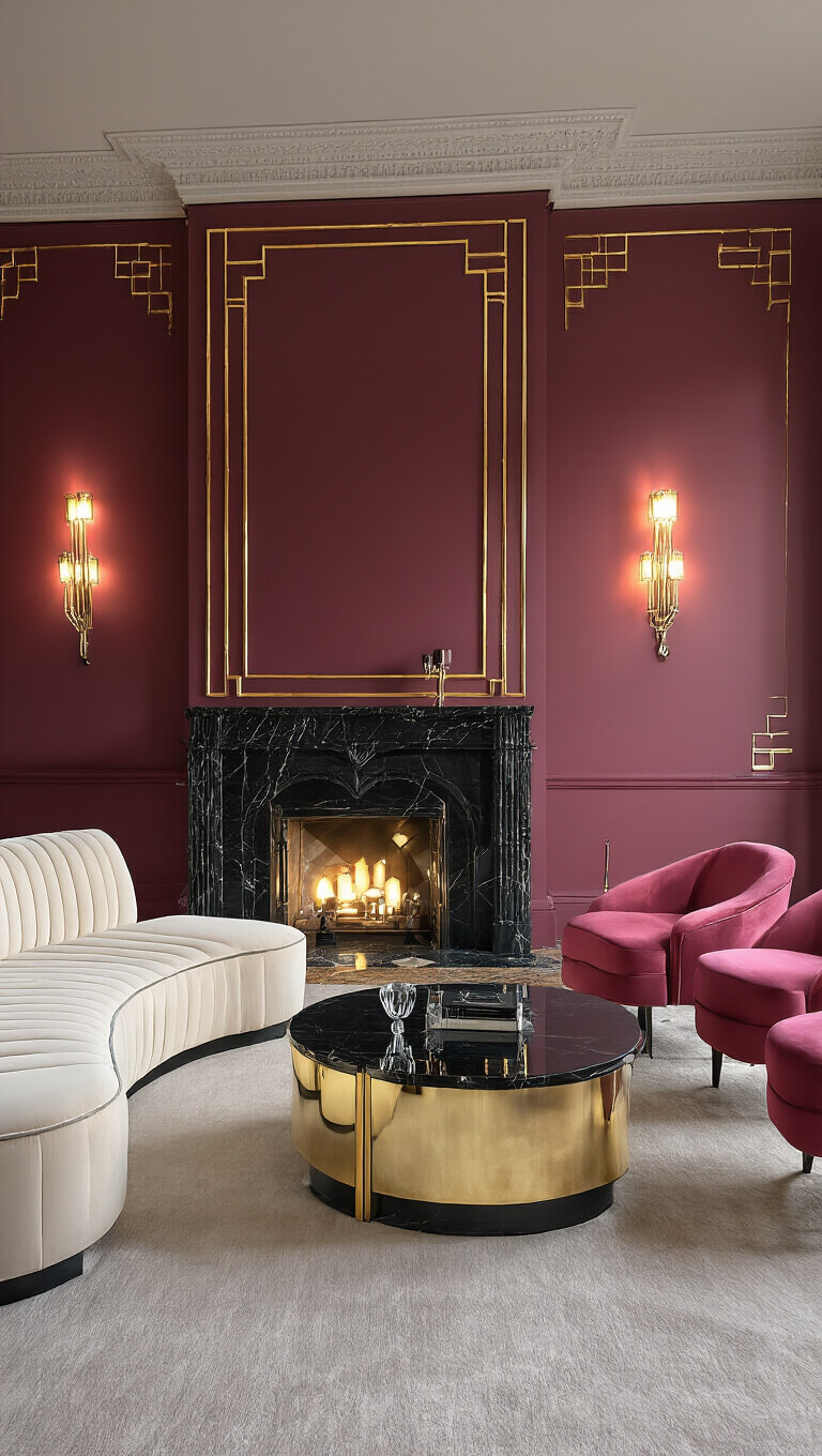 Art Deco revival living room with deep rose pink walls, gold geometric molding, cream velvet tufted sofa, pink silk chairs, black marble fireplace, mirrored table, and dramatic evening lighting.